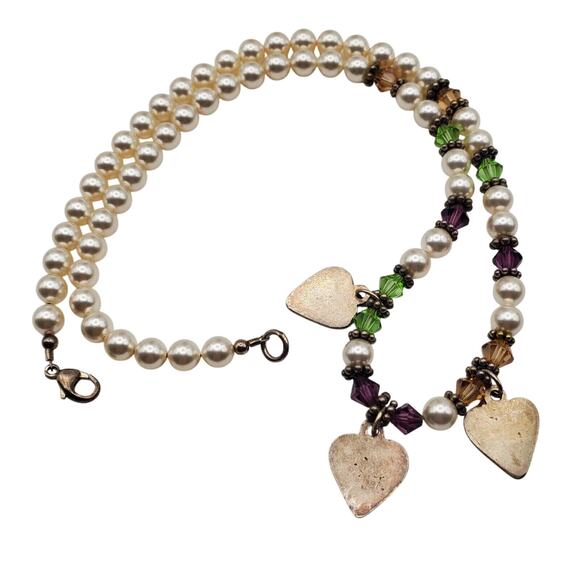 Faux Pearl Glass Bead Necklace Silver Heart Charm Boho Artisan Sweetheart Vtg - Picture 3 of 8